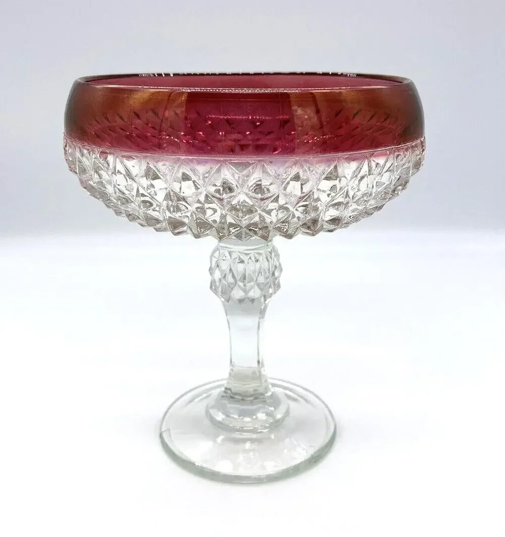 Vintage Indiana Glass Diamond Point Ruby Red Flash Pedestal Compote 7.25” Tall
